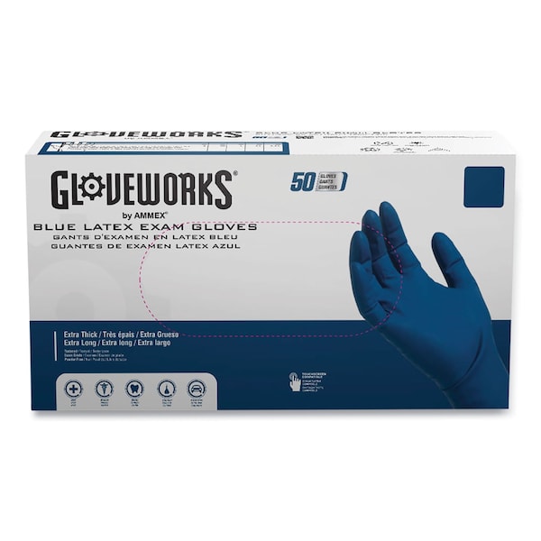 Gloveworks Por Ammex Guantes de Examen de Látex Azul, Sin Polvo, Talla Grande, 500 Paq - GPLHD86100