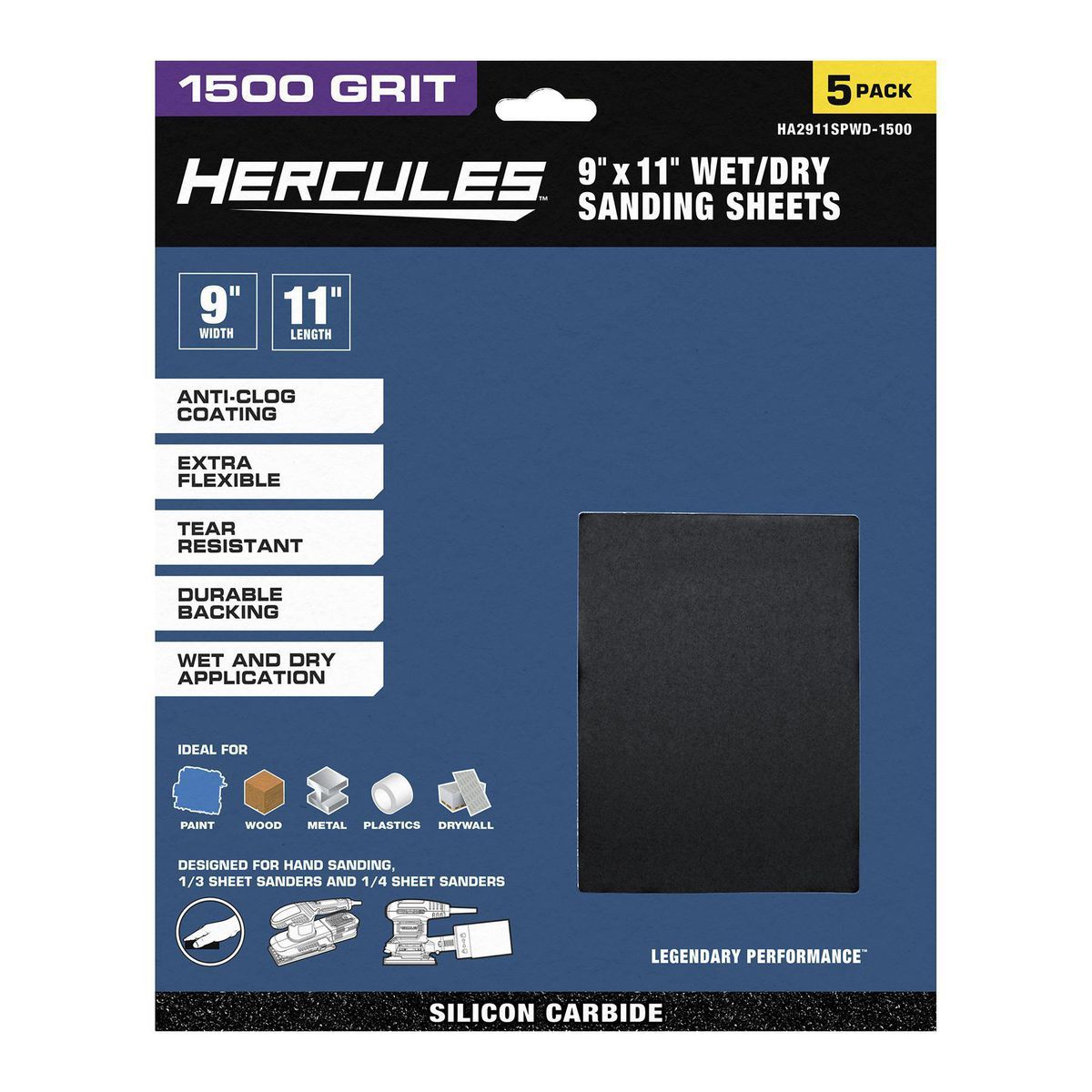 Hoja de lijado húmedo/seco Hercules de 9 pulgadas x 11 pulgadas, 1500 granos con grano de carburo de silicio, paquete de 5 - 58432