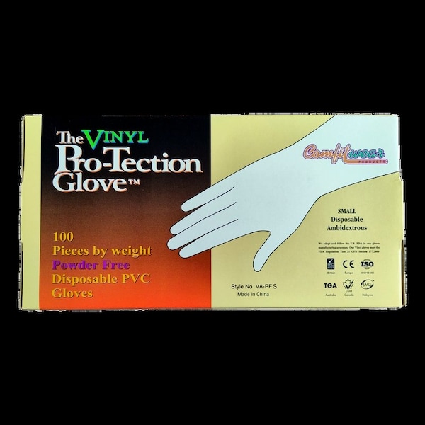 Ropa de protección Comfitwear VINYL sin polvo, transparente calibre .005 Guante desechable de vinilo sin costuras que se ajusta a la mano izquierda o derecha SM, 10 paquetes - VA-PF-SM-10PK