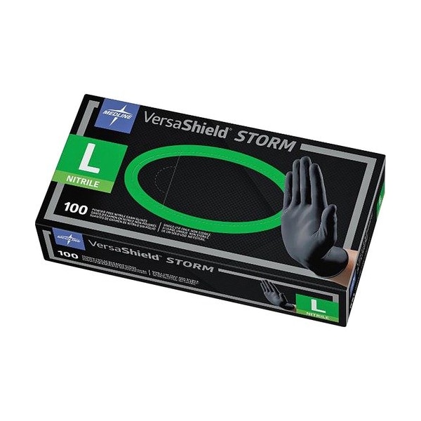 Medline Industries VersaShield STORM, Guantes desechables de nitrilo, 2.8 mil de grosor en la palma, nitrilo, sin polvo, talla L, paquete de 100, negro - MIIMG6113