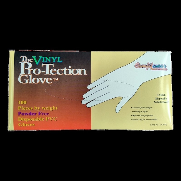 Ropa protectora Comfitwear VINYL transparente sin polvo, calibre .005, guante desechable de vinilo sin costuras que se ajusta a cualquier mano tamaño grande, paquete de 10 - VA-PF-LG-10PK