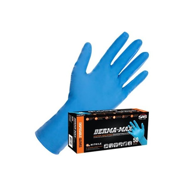 Sas Safety Derma-Max, Guantes de Examen de Nitrilo, 8 mil de Palma, Nitrilo, Sin Polvo, L, Azul - SA6608-40