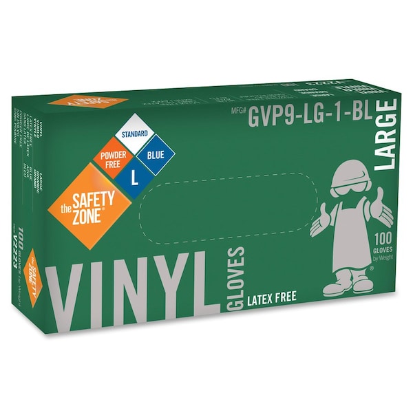 Guantes Desechables de Vinil Zona de Seguridad, 3.2 mil en la Palma, Vinil, Sin Talco, L, 100 piezas, Azul - SZNGVP9LG1BL