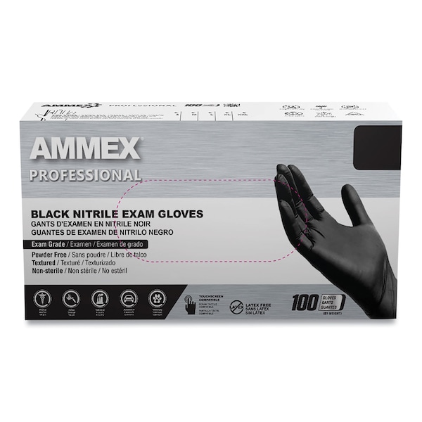 Guantes de Examen de Nitrilo Profesional Ammex, Sin Polvo, 3 mil, Tamaño Grande, Negros, Paquete de 1000 - ABNPF46100