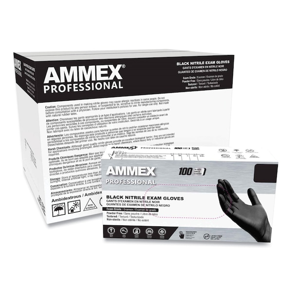 Guantes de Examen de Nitrilo Profesional Ammex, Sin Polvo, 3 mil, Tamaño Grande, Negros, Paquete de 1000 - ABNPF46100