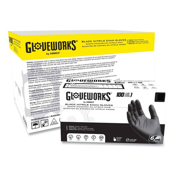 Gloveworks de Ammex Guantes de Examen de Nitrilo, Sin Polvo, 6 mil, XX-Grande, Negro, 1000 piezas - GWBEN49100
