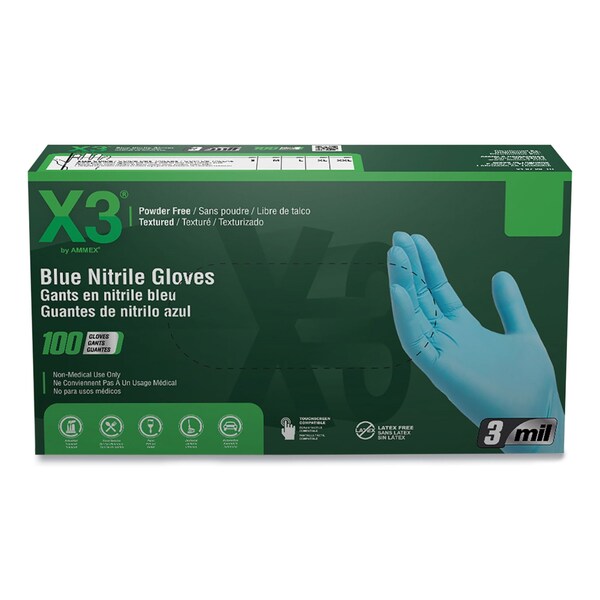 Guantes de Nitrilo Industrial X3 de Ammex, Sin Polvo, 3 mil, Talla Pequeña, Azul, Paquete de 1000 - X342100