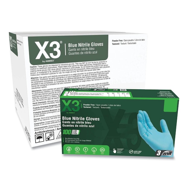 Guantes de Nitrilo Industrial X3 de Ammex, Sin Polvo, 3 mil, Talla Pequeña, Azul, Paquete de 1000 - X342100