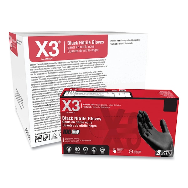 Guantes de nitrilo industriales X3 de Ammex, sin polvo, 3 mil, tamaño grande, negro, paquete de 1000 - BX346100