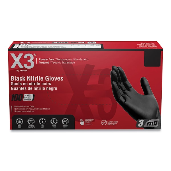 Guantes de nitrilo industrial X3 de Ammex, sin polvo, 3 mil, extra grande, negro, paquete de 1000 - BX348100
