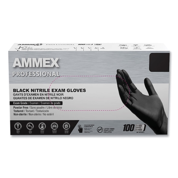 Guantes de Examen de Nitrilo Profesional Ammex, Sin Polvo, 3 mil, Talla S, Negro, 1000 piezas - ABNPF42100