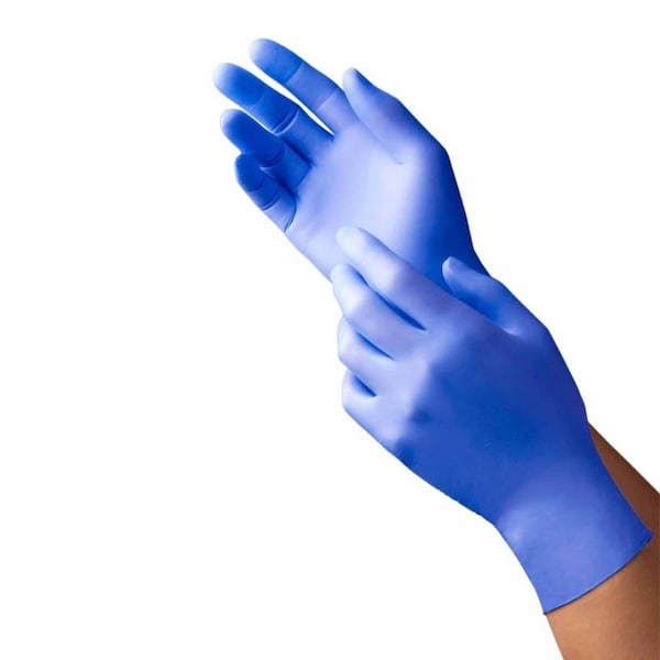 Guante de examen de la serie New Age 9128 tamaño pequeño de nitrilo no esterilizado con yemas texturizadas en color azul violeta, probado para quimioterapia, paquete de 2500 - 9128-10.
