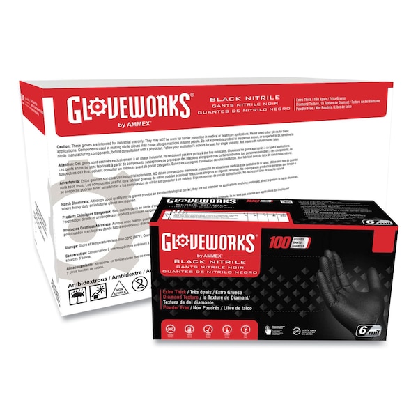 Gloveworks de Ammex - Guantes de nitrilo industriales resistentes, sin polvo, de 6 mil, tamaño medio, color negro, paquete de 1000 - GWBN44100