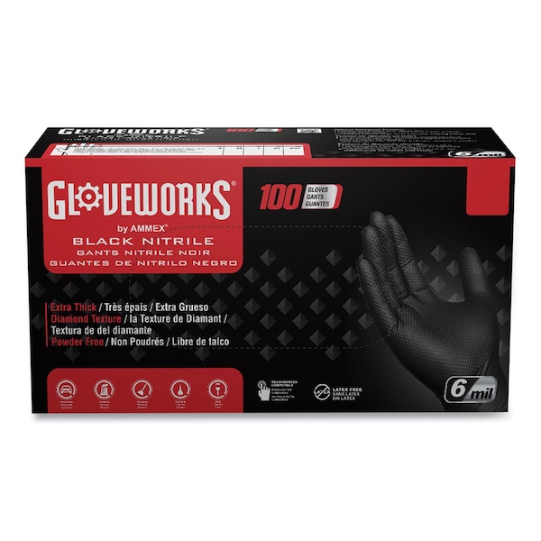 Gloveworks de Ammex - Guantes de nitrilo industriales resistentes, sin polvo, de 6 mil, tamaño medio, color negro, paquete de 1000 - GWBN44100