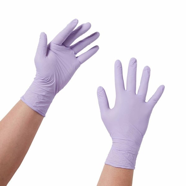 Guante de examen Halyard Lavender en tamaño mediano de nitrilo no estéril con puño estándar, dedos texturizados de color lavanda, 2500 piezas - 52818.