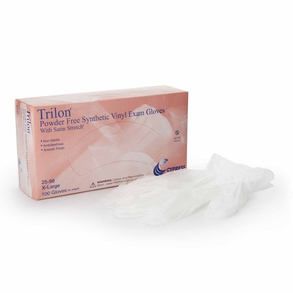 Guante de examen Trilon X-Large de vinilo no estéril con puño estándar, largo liso, transparente, sin clasificación, paquete de 100 - 25-98.