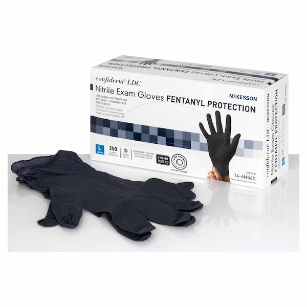 Guante de examen grande Mckesson Confiderm Ldc no estéril de nitrilo con puño estándar completamente texturizado negro, probado para quimioterapia, 250 piezas - 14-6N56C.