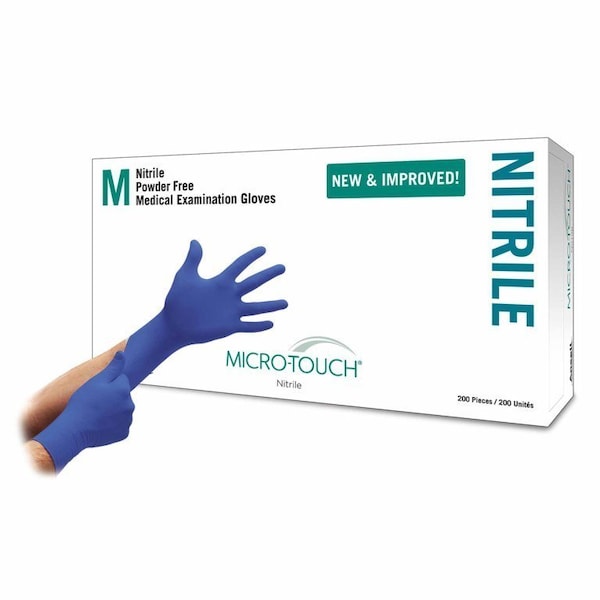 Guante de examen de nitrilo Micro-Touch en tamaño mediano, no estéril, con puño estándar, dedos texturizados y de color azul, 200 piezas - 6034302.