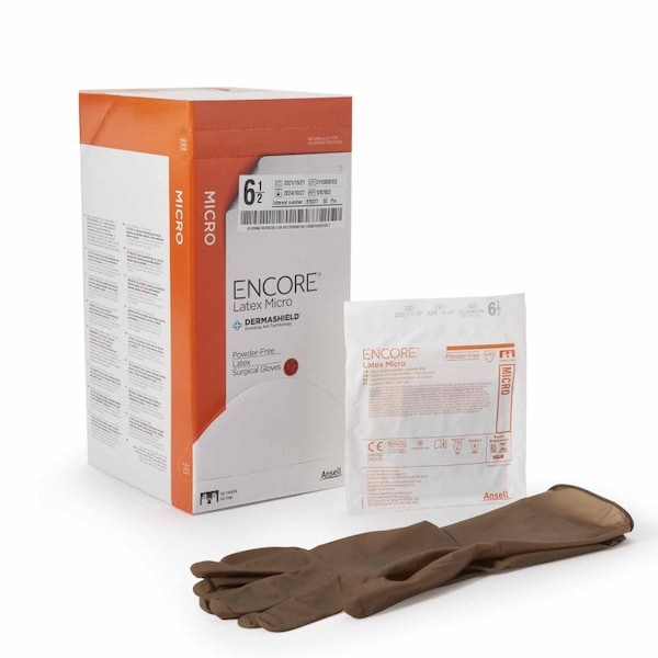 Guante quirúrgico de látex Encore, tamaño 6.5 estéril, puño estándar de látex de longitud micro-texturizado color café, probado contra quimioterapia, paquete de 200 unidades - 5787002.