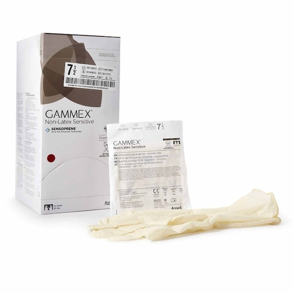 Guante quirúrgico sensible Gammex sin látex, talla 7.5, estéril, de polichloropreno con puño estándar de longitud, textura micro-texturizada color crema, paquete de 50 - 20277275