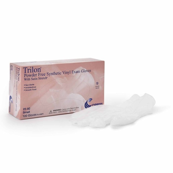Guante de examen Trilon pequeño, no estéril, de vinilo con puño estándar, de longitud lisa y transparente CON ADVERTENCIA DE PROP. 65, paquete de 1000 - 25-92.