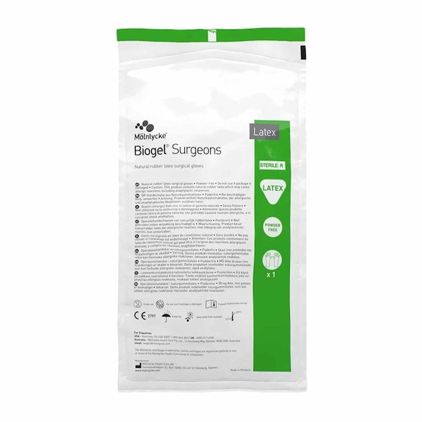 Guante quirúrgico Biogel Surgeons, tamaño 7, estéril, látex, con puños estándar, largo, microtexturizado, color paja, paquete de 200 - 30470.