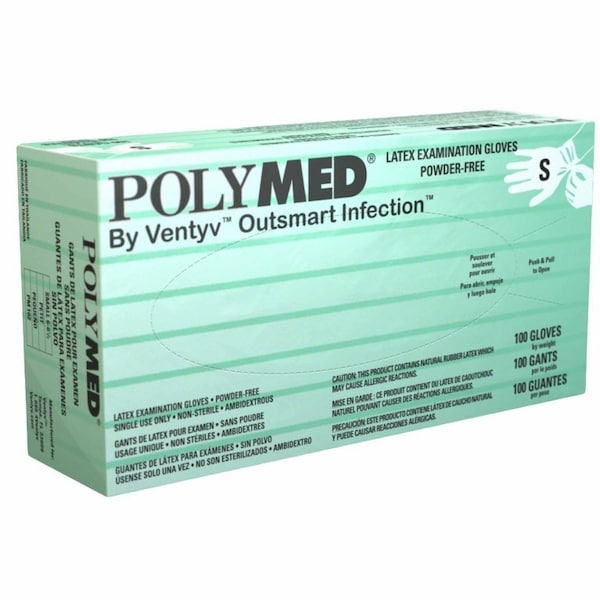 Guante de examen Polymed pequeño no estéril de látex con puño estándar, textura completamente texturizada, color marfil, no calificado, paquete de 100 - PM102.