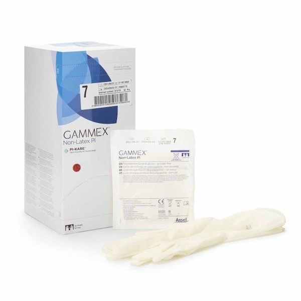 Guante quirúrgico Gammex Non-Latex Pi de poliisopreno estéril, Talla 7, longitud estándar del puño, blanco micro-texturizado, 50 paquetes - 20685770.