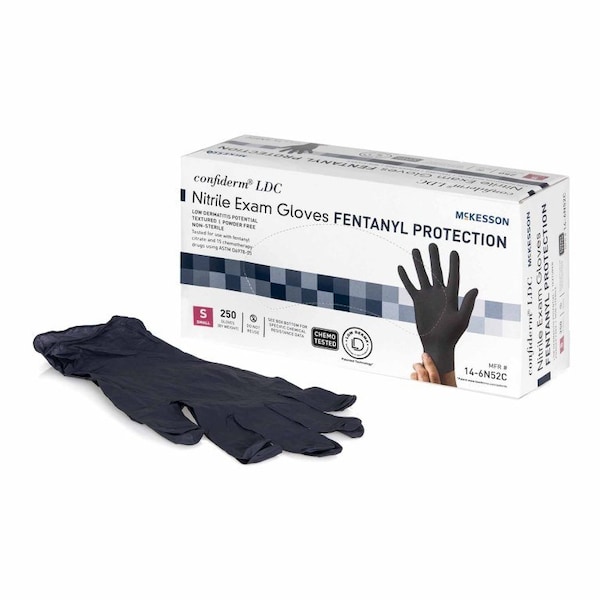 Guante de examen Mckesson Confiderm Ldc, tamaño pequeño, no estéril, de nitrilo con puño estándar, completamente texturizado, color negro, probado para quimioterapia, paquete de 2500 unidades - 14-6N52C