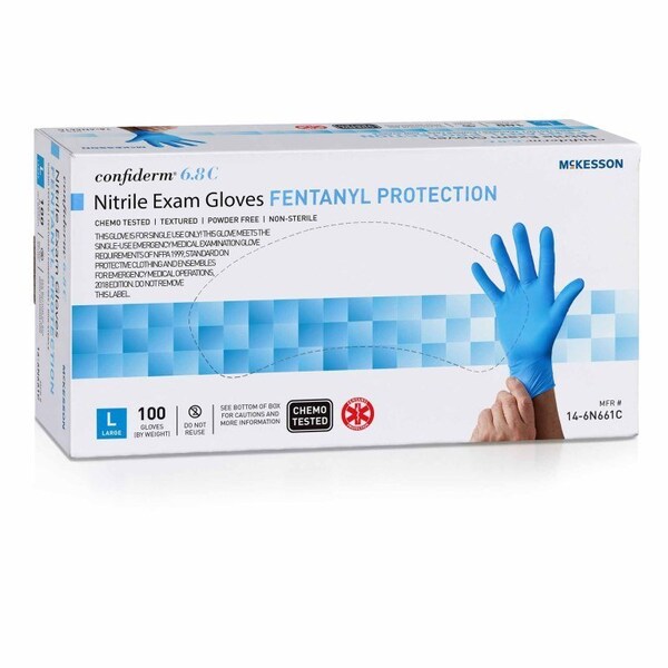 Mckesson Confiderm 6.8C Guante de examen grande de nitrilo no estéril con puño estándar de longitud completamente texturizado Azul, con prueba de quimioterapia, paquete de 1000 piezas - 14-6N661C