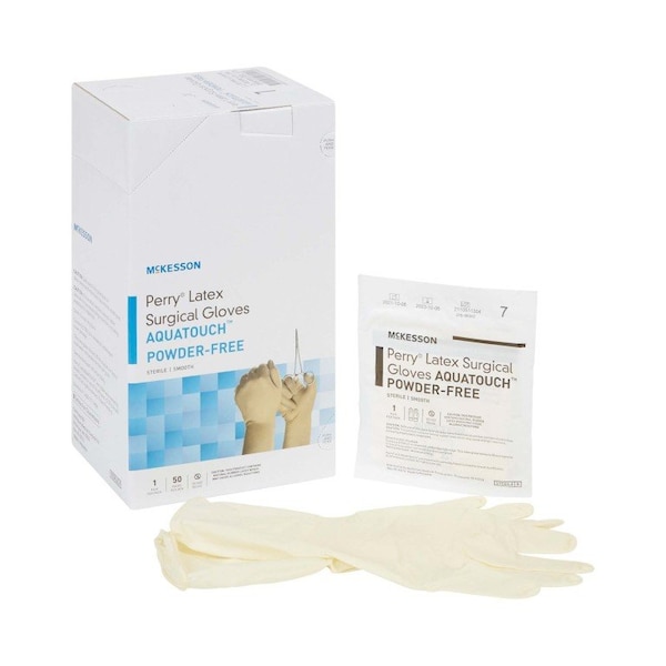 Guantes quirúrgicos de látex Mckesson Perry Performance Plus Aquatouch, 8.3 mil de palma, látex, sin polvo, 7, paquete de 50, color crema - 20-1270N