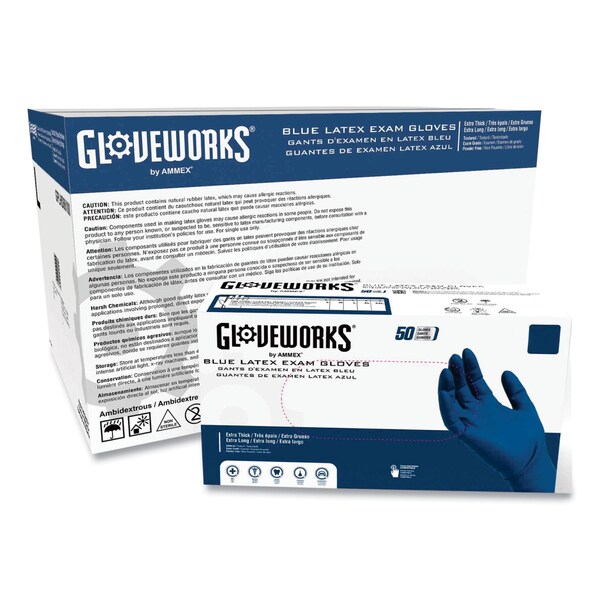 Gloveworks de Ammex Guantes de Examen de Látex, Sin Polvo, Talla Mediana, Azules, Paquete de 500 - GPLHD84100