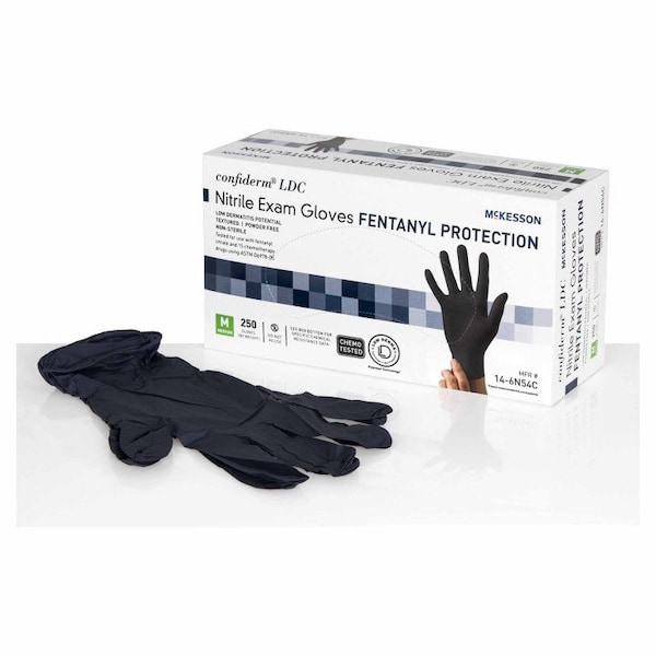 Guante de examen Mckesson Confiderm Ldc Mediano de nitrilo no estéril con puño estándar, con largo completamente texturizado, color negro, probado para quimioterapia, paquete de 250 piezas - 14-6N54C