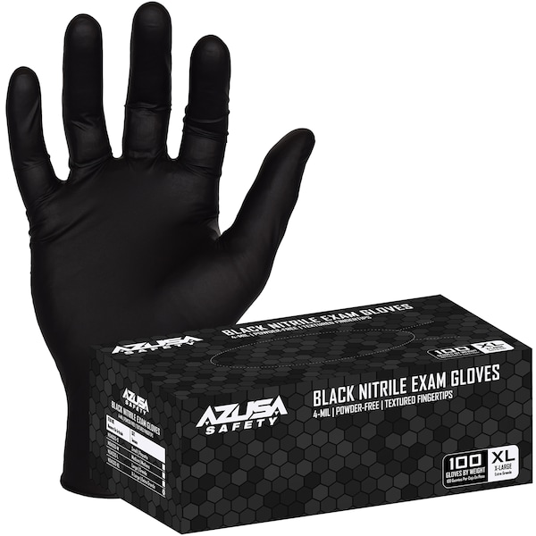 Guantes de examen de nitrilo negro en polvo sin polvo de 4 milésimas Azusa Safety, yemas Texturizadas, XL, paquete de 100 - ND4020.