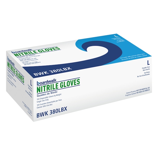 Serie 380 de guantes desechables de nitrilo Boardwalk, 4 mil de grosor en la palma, nitrilo, sin polvo, talla L, paquete de 100, color azul - 380LBXA