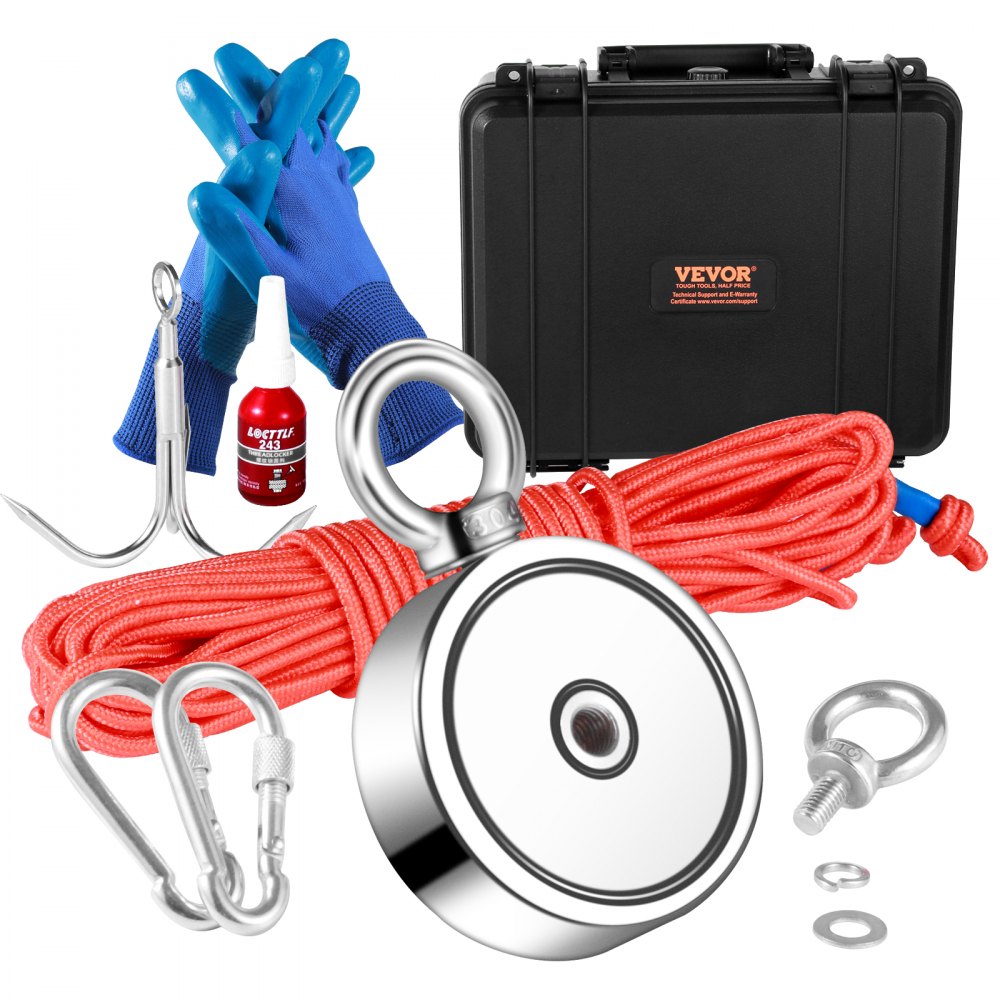 VEVOR Magnet Fishing Kit, 1200lbs 2.95inch Diameter Double Sided Fishing Magnets, Strong Neodymium Magnet with Heavy Duty 65FT Rope, Grappling Hook, Waterproof Case, Gloves, Threadlocker, Eye Bolt - CXDYTZSM1200TNZ8SV0