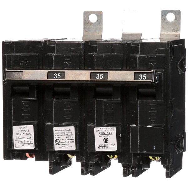 Siemens Miniature Circuit Breaker, BL Series, 35A, 3 Pole, 120/240V AC, 10kA at 240V AC - B33500S01