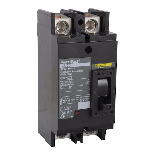 Square D Molded Case Circuit Breaker, QBL Series, 250A, 2 Pole, 240V AC, 10kA at 240V AC - QBL22250