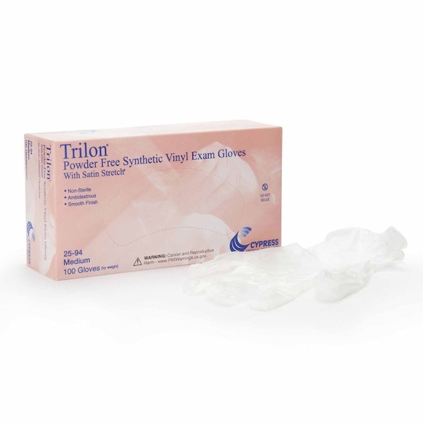 Guante de examen Trilon, tamaño mediano, de vinilo sin esterilizar, con puño estándar, de longitud lisa y transparente CON ADVERTENCIA DE PROP. 65, paquete de 1000 unidades - 25-94