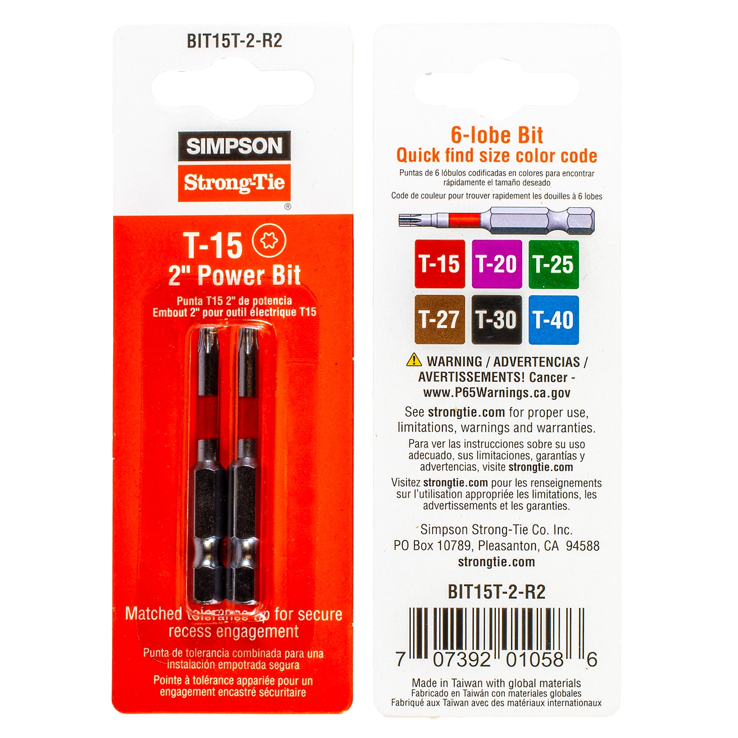 Simpson Strong-Tie BIT15T-2-R2 2-in Juego de Puntas para Destornillador de 6 Lóbulos T15 (2 piezas) - BIT15T-2-R2