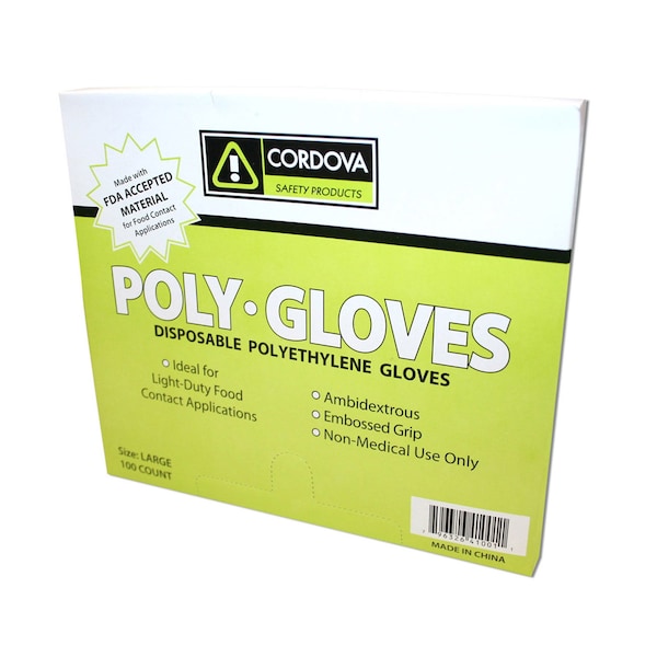 Guantes desechables de polietileno Cordova, 1.25 mil de grosor en la palma, polietileno de baja densidad, tamaño grande, paquete con 12 pares, color transparente - 4100L.