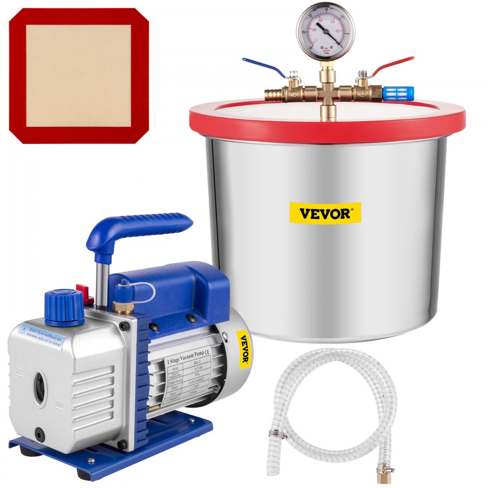 VEVOR 2 Gallon Vacuum Chamber With 5CFM Single-Pole Vacuum Pump, Acylic Lid Easy to Observe, Suitable For Silica and Resin, Not For Corrosive Chemicals - QCKTZKB5CFM1-3J2TV1