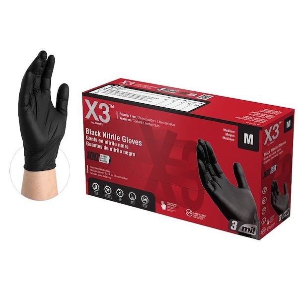 Guantes desechables Ammex, M, Nitrilo, sin polvo, negro, 9-1/2 pulgadas de largo - BX344100