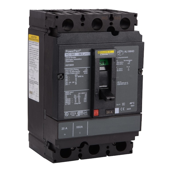 Square D Molded Case Circuit Breaker, HGF Series, 50A, 3 Pole, 600V AC, 65kA at 240V AC - HGF36050