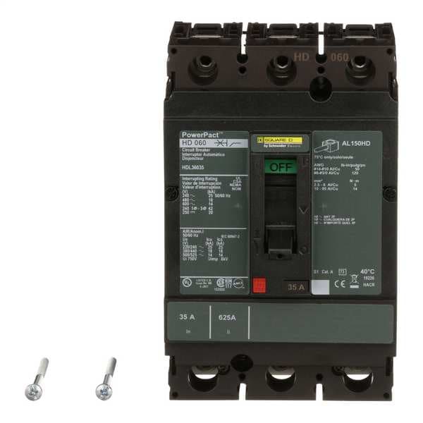 Square D Molded Case Circuit Breaker, HDL Series, 35A, 3 Pole, 600V AC, 25kA at 240V AC - HDL36035