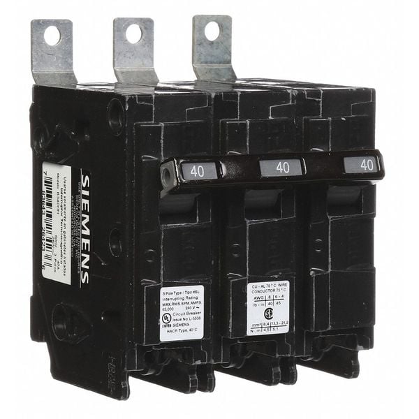 Siemens Miniature Circuit Breaker, BL Series, 40A, 3 Pole, 240V AC, 65kA at 120/240V AC - B340HH