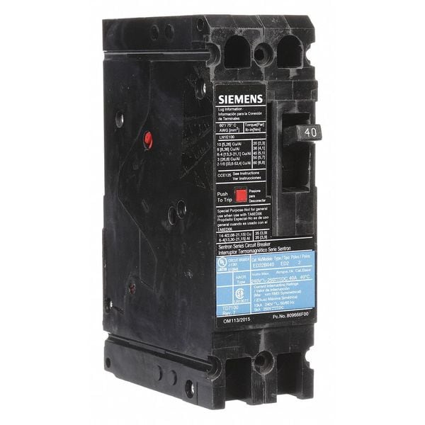 Siemens Molded Case Circuit Breaker, ED2 Series, 40A, 2 Pole, 240V AC, 10kA at 240V AC - ED22B040
