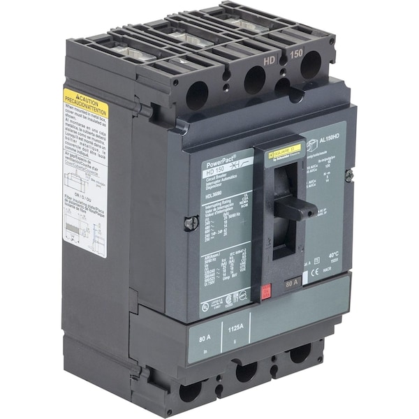 Square D Molded Case Circuit Breaker, HDL Series, 80A, 3 Pole, 600V AC, 25kA at 240V AC - HDL36080C