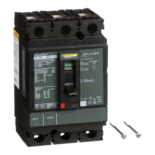 Square D Molded Case Circuit Breaker, HLL Series, 80A, 3 Pole, 600V AC, 125kA at 240V AC - HLL36080