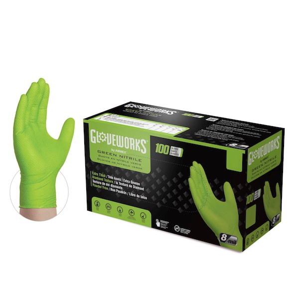 Guantes desechables de nitrilo Gloveworks RDT, 8 mil de grosor en la palma, nitrilo, sin polvo, talla 2XL, paquete de 1000, color verde - GWGN49100